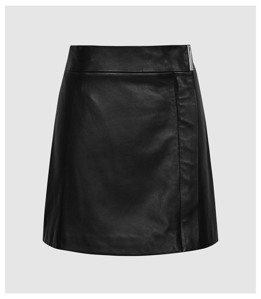 Reiss Maxwell - Leather Wrap Front Mini Skirt in Black, Womens, Size 14