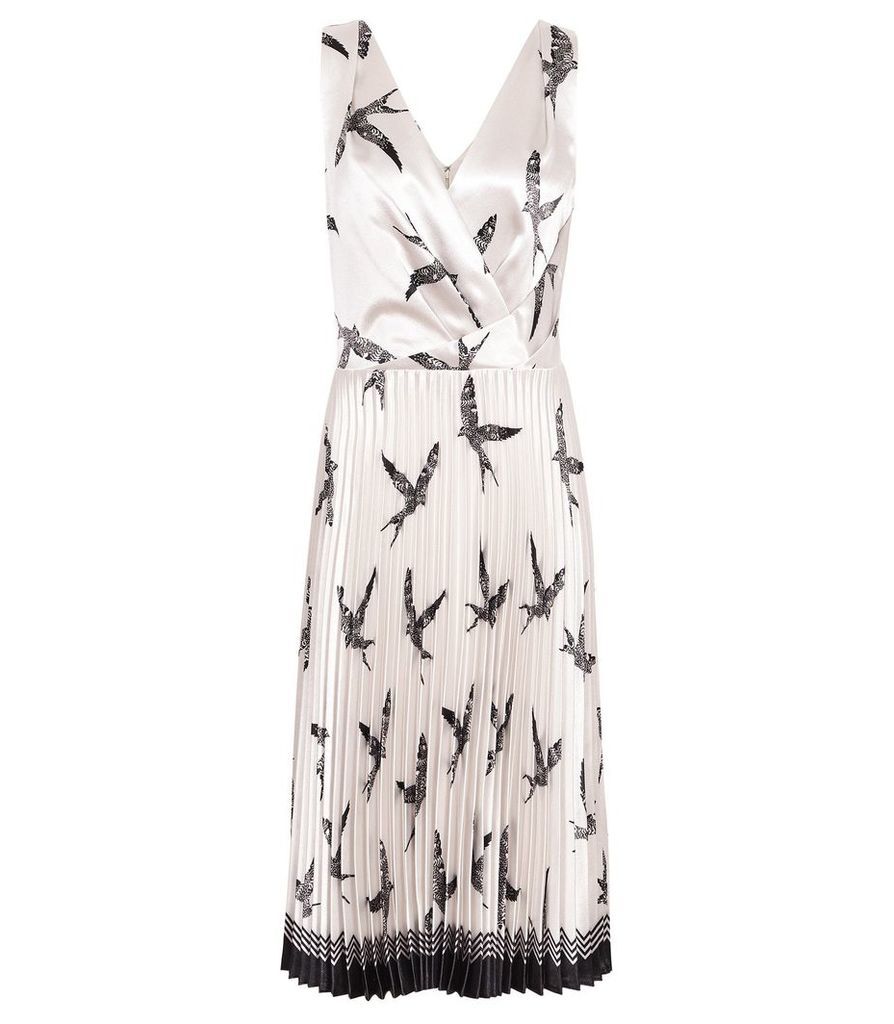 Reiss Peyton - Bird Printed Knife Pleat Midi Dress in Multi, Womens, Size 16