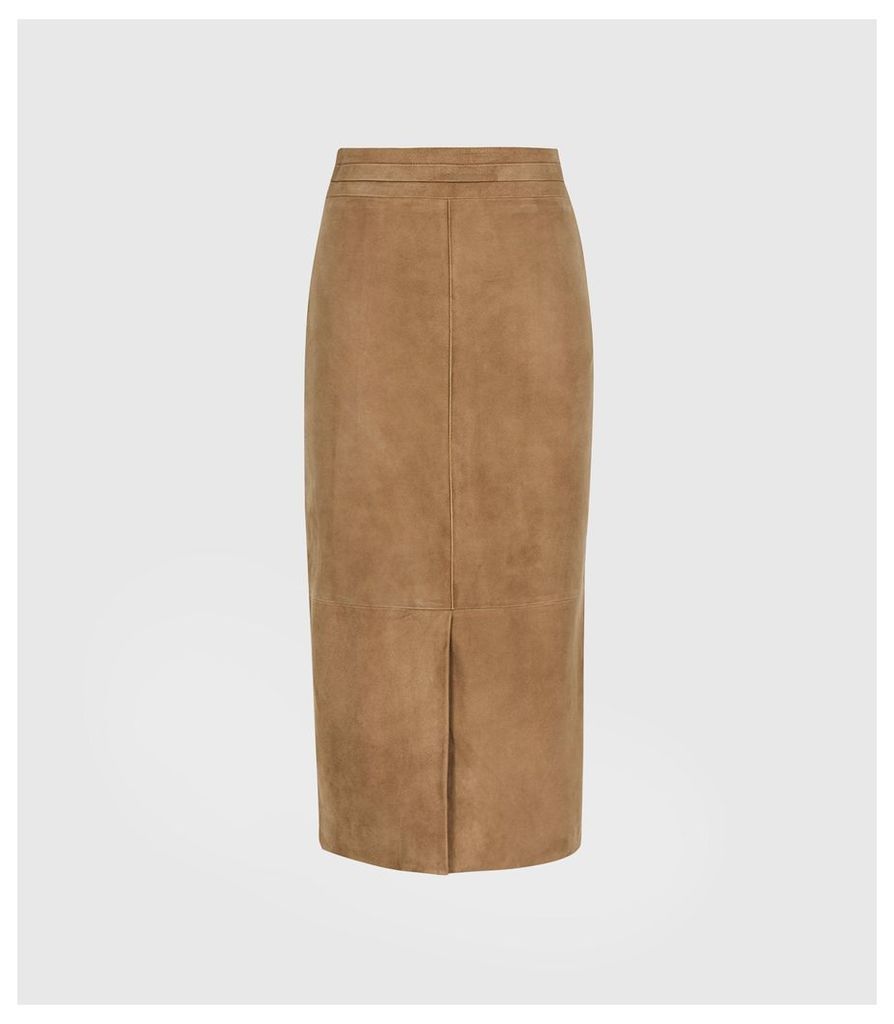 Reiss Ava - Suede Pencil Skirt in Tan, Womens, Size 14