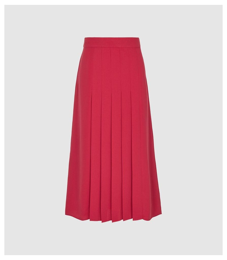 Reiss Cleona - Box Pleated Midi Skirt in Magenta, Womens, Size 14
