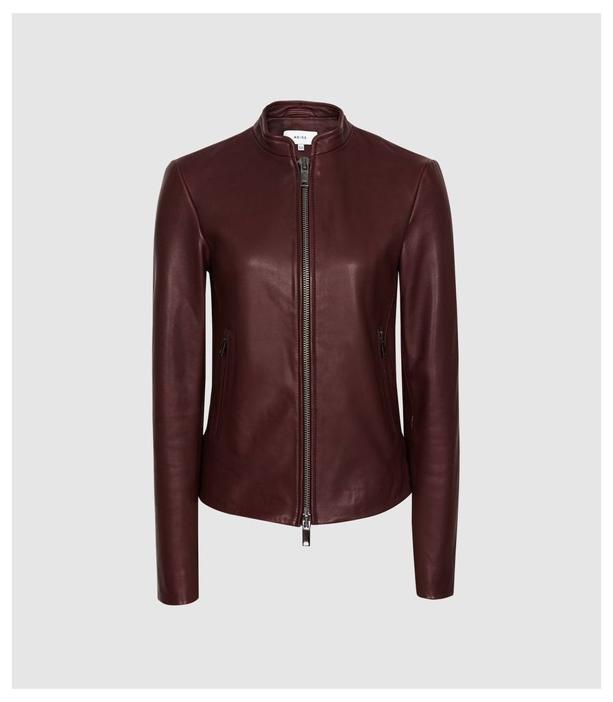 Reiss Allie - Leather Collarless Biker Jacket in Pomegranate, Womens, Size 14