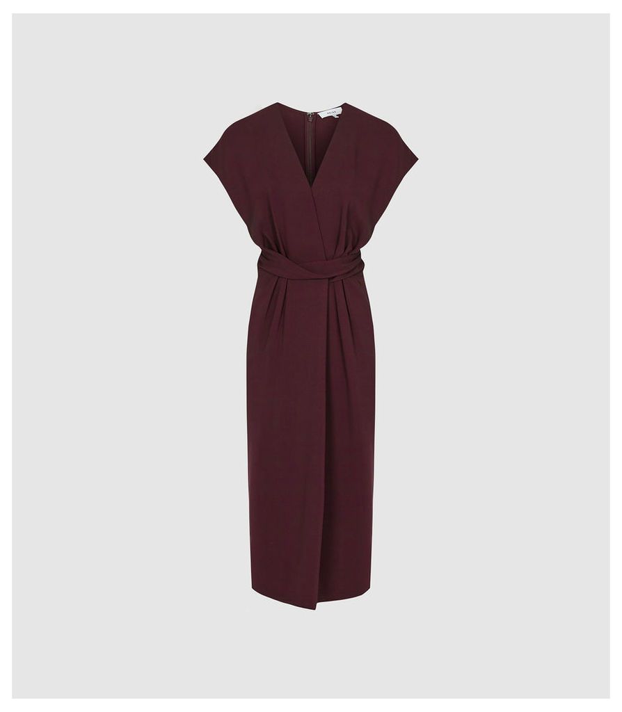 Reiss Maxime - Wrap Front Slim Fit Dress in Burgundy, Womens, Size 16