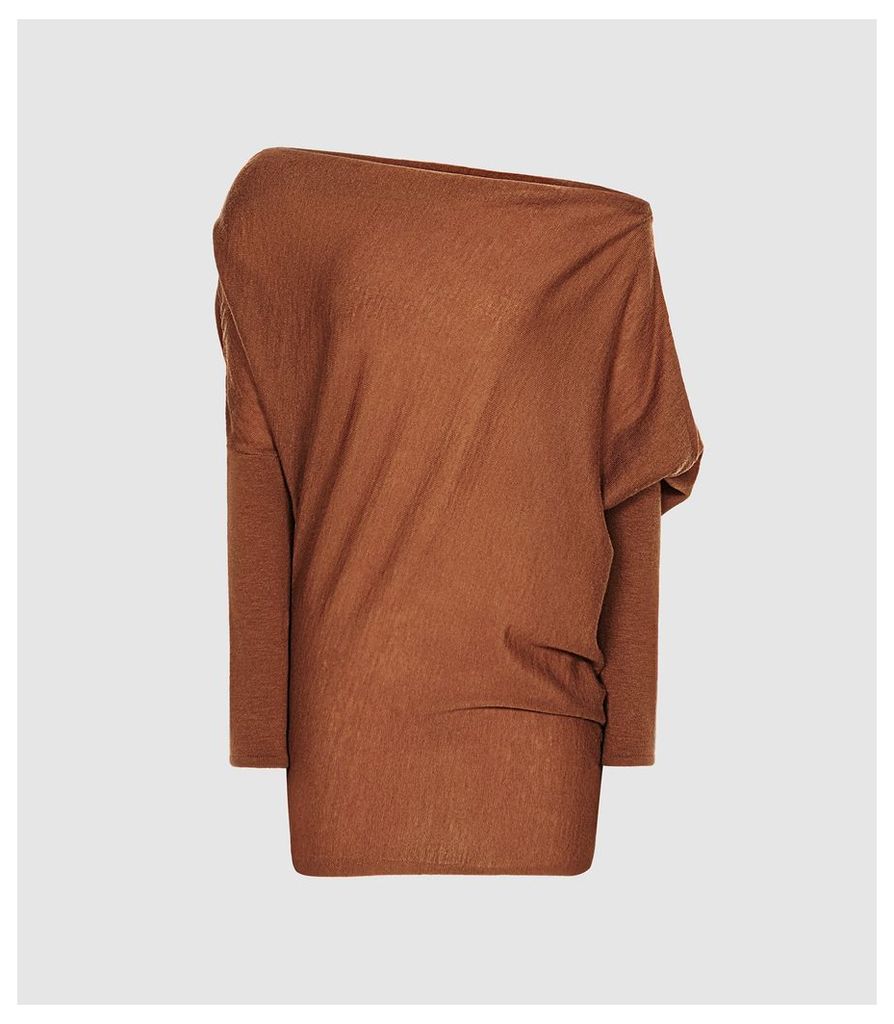Reiss Harper - Cashmere Blend Drape Shoulder Top in Rust, Womens, Size XXL