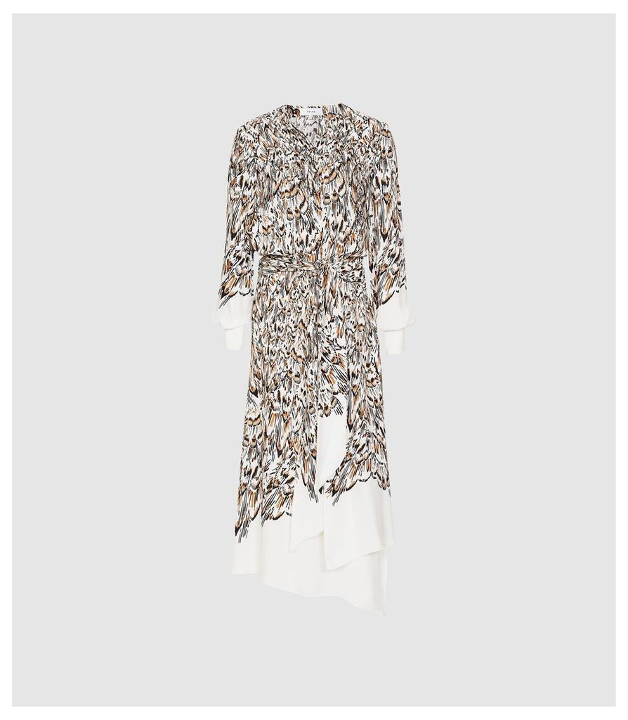 Reiss Mia - Feather Printed Midi Dress in White, Womens, Size 14
