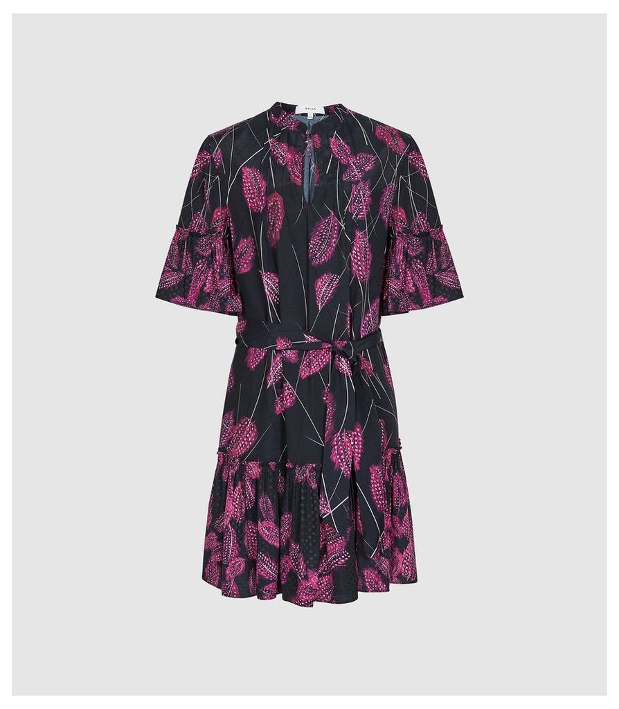 Reiss Marsali - Feather Printed Mini Dress in Pink, Womens, Size 16