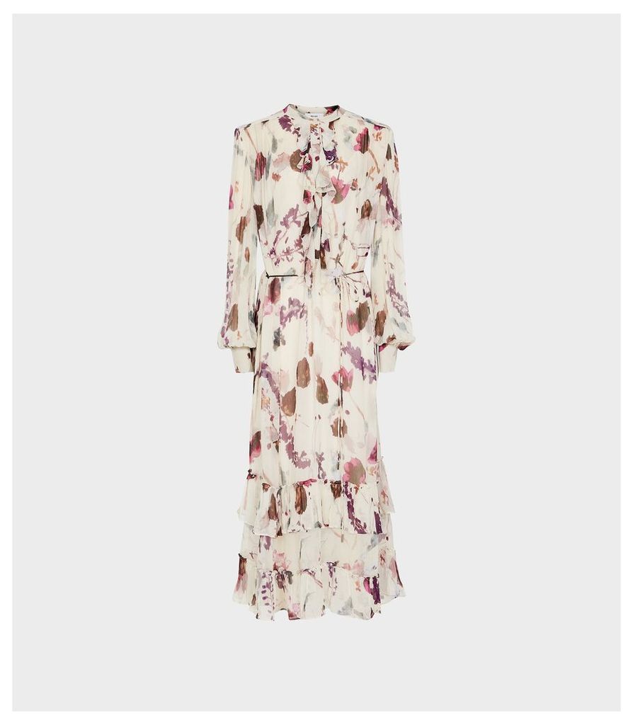 Reiss Aster - Floral Printed Midi Dress in Cream, Womens, Size 16