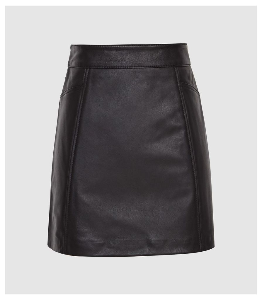 Reiss Arden - Leather Mini Skirt in Black, Womens, Size 14