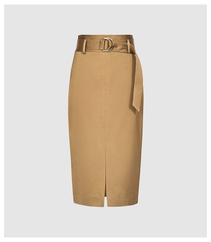 Reiss Bryn - Satin Belted Midi Skirt in Gold, Womens, Size 12