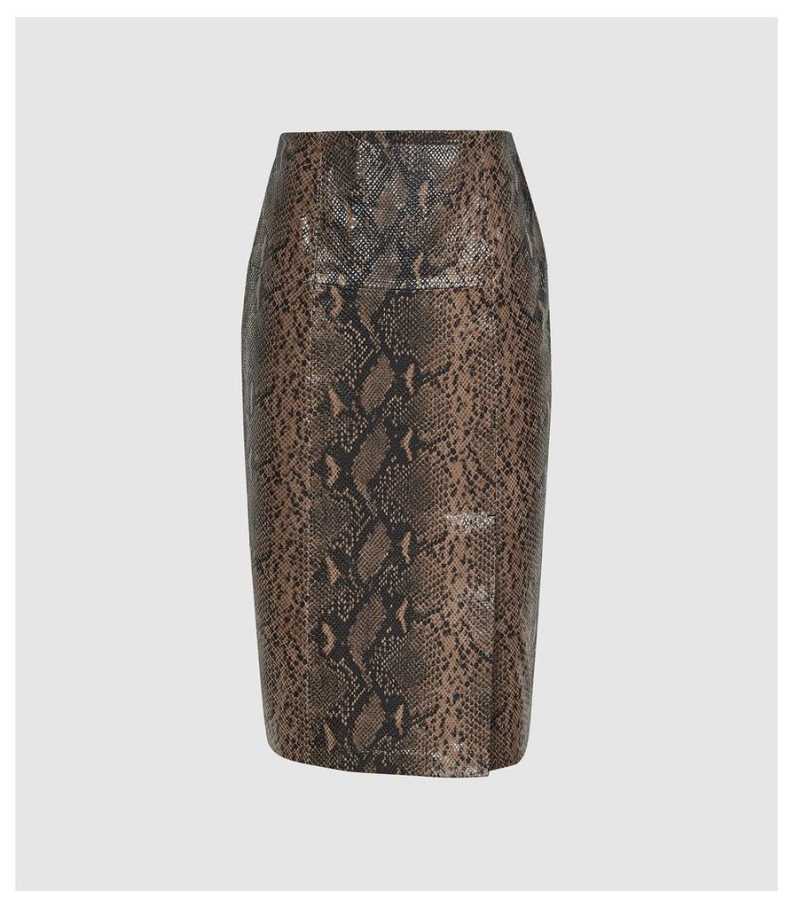 Reiss Annie - Snake Printed Leather Midi Skirt in Taupe, Womens, Size 14