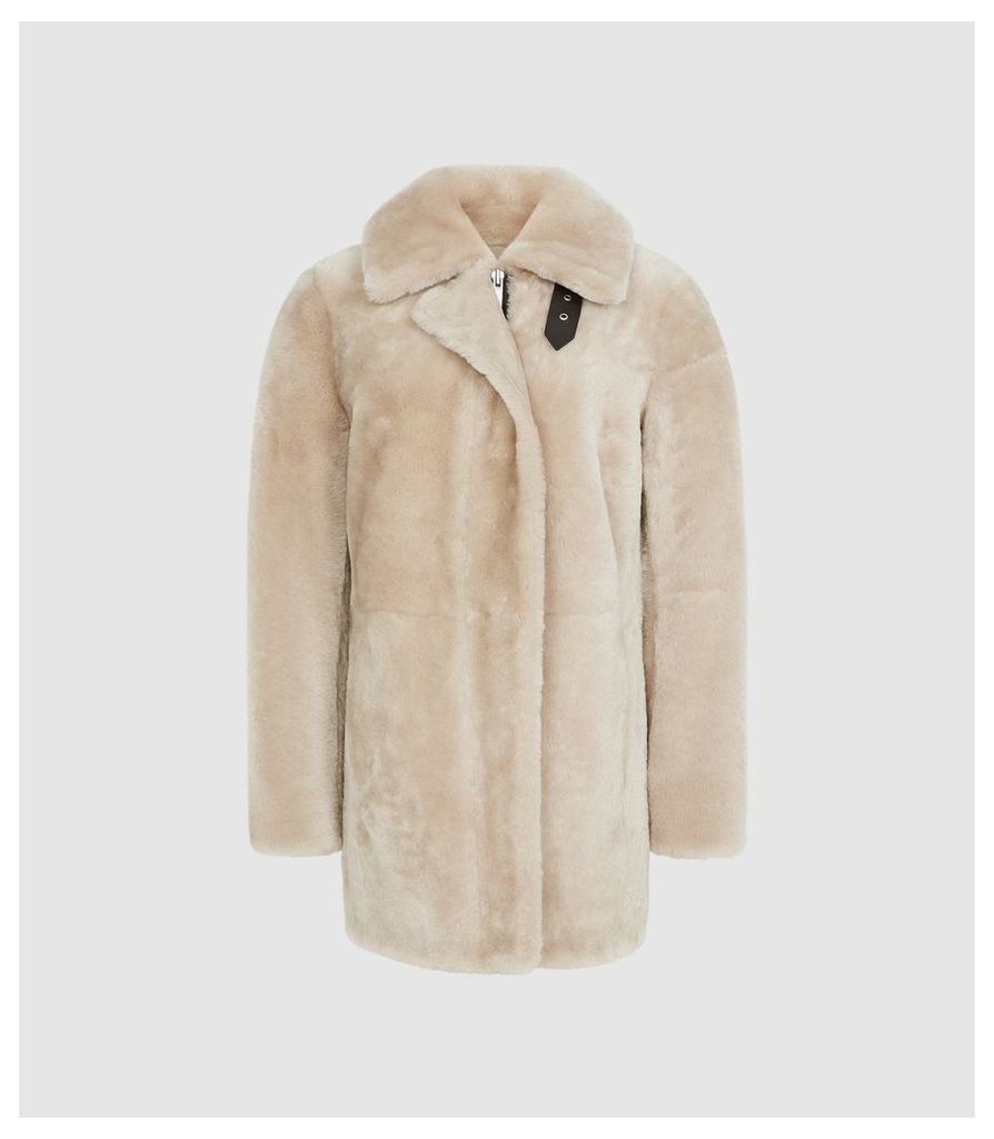 Reiss Izzie - Mid Length Shearling Coat in Neutral, Womens, Size XL