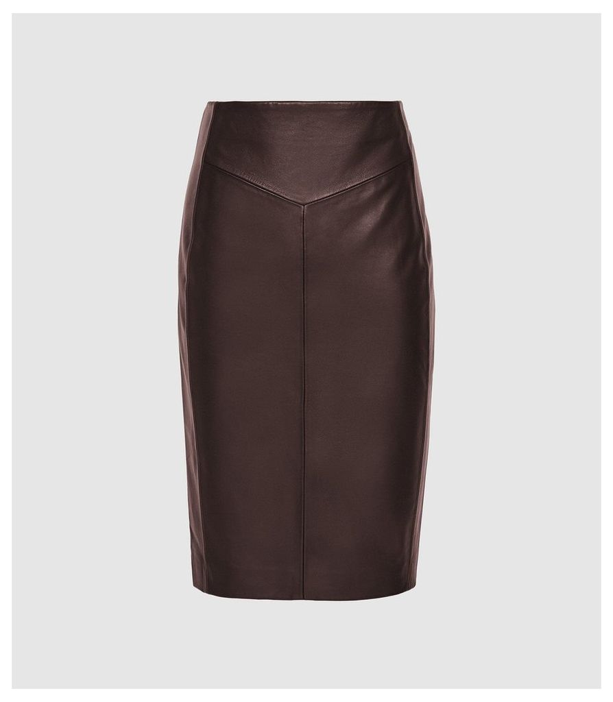 Reiss Megan - Leather Pencil Skirt in Berry, Womens, Size 14
