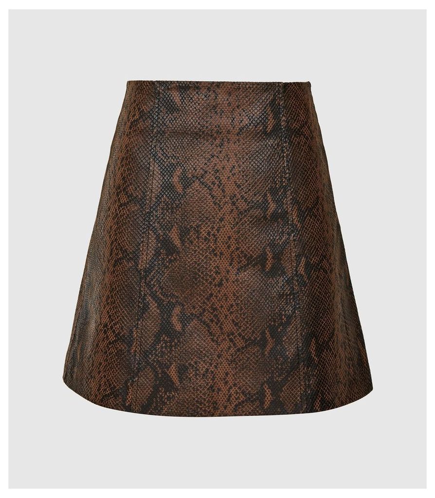 Reiss Bethann - Snake Printed Leather Mini Skirt in Brown, Womens, Size 14