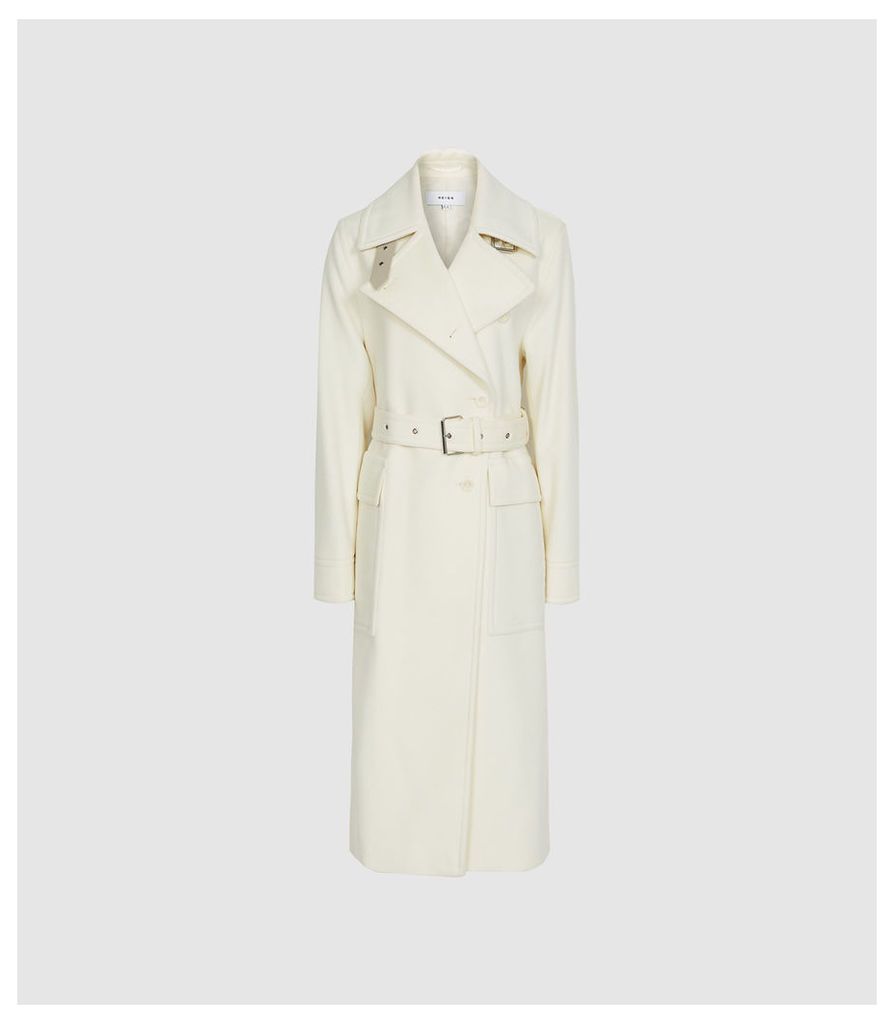 Reiss Everley - Wool Blend Belted Trench Coat in Ivory, Womens, Size 14