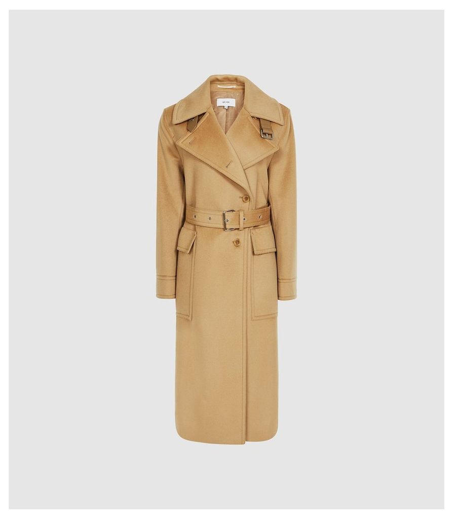 Reiss Everley - Wool Blend Belted Trench Coat in Camel, Womens, Size 14