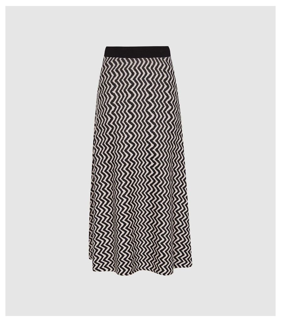 Reiss Gabriella - Knitted Zig Zag Midi Skirt in Black & White, Womens, Size XXL