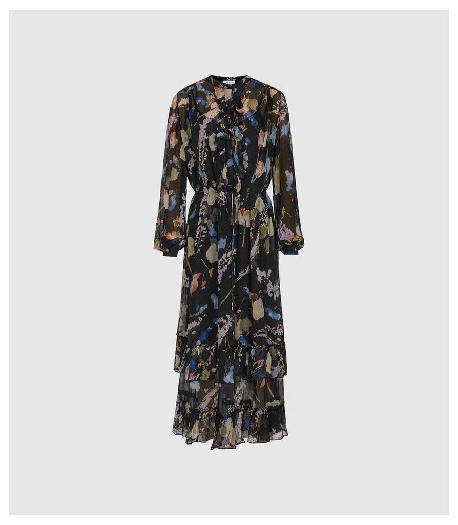 Reiss Sadie - Floral Printed Midi Dress in Black, Womens, Size 18