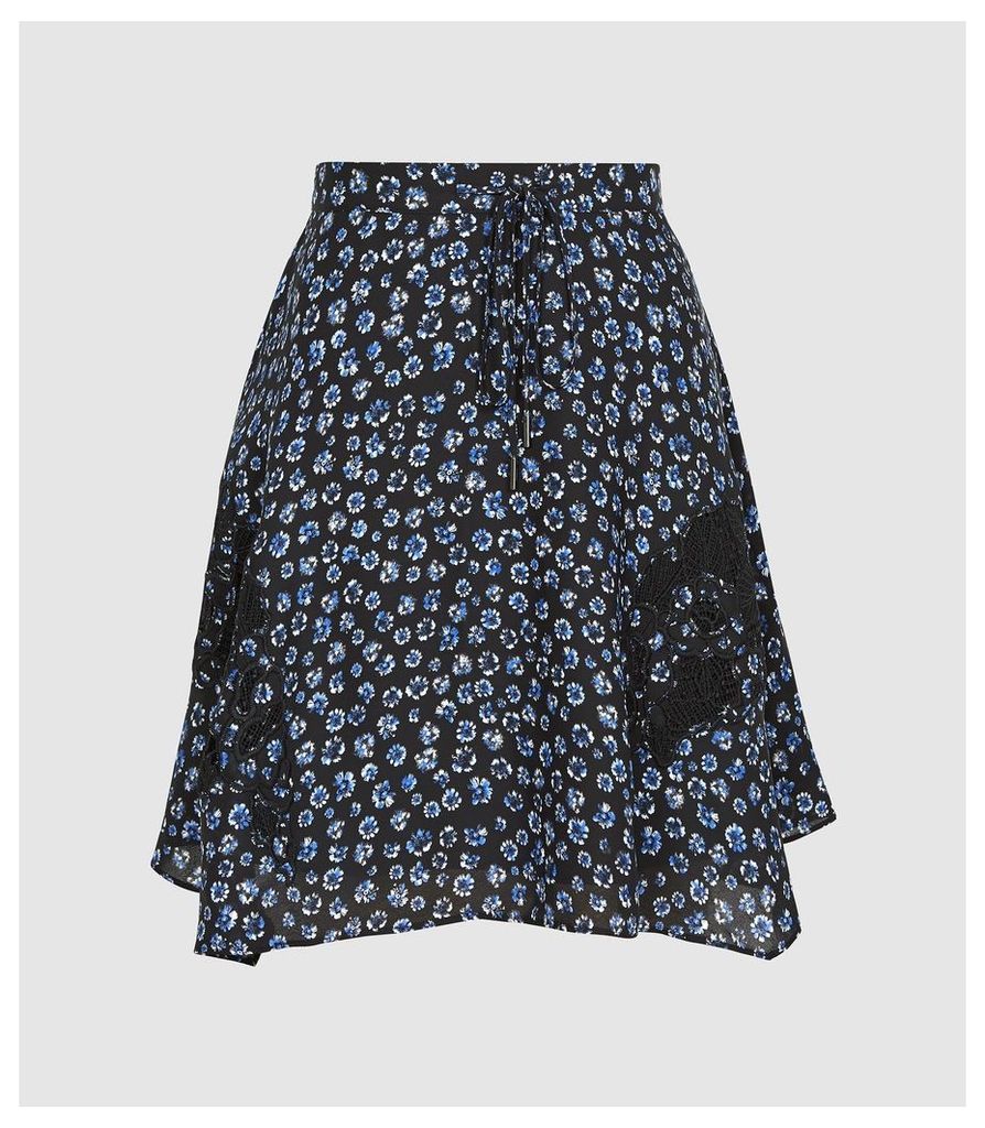 Reiss Marcey - Floral Print Crepe Skirt in BLUE, Womens, Size 14