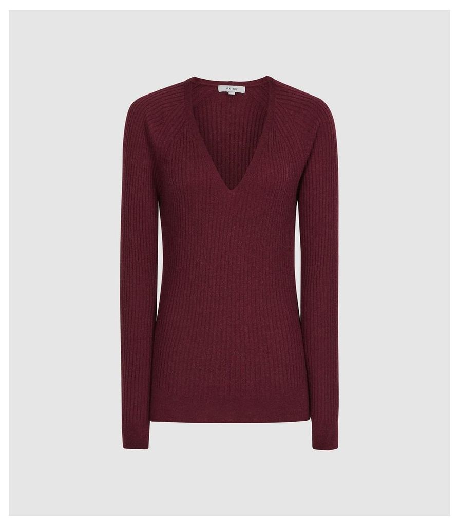Reiss Elouise - Ribbed V-neck Jumper in Berry, Womens, Size XXL
