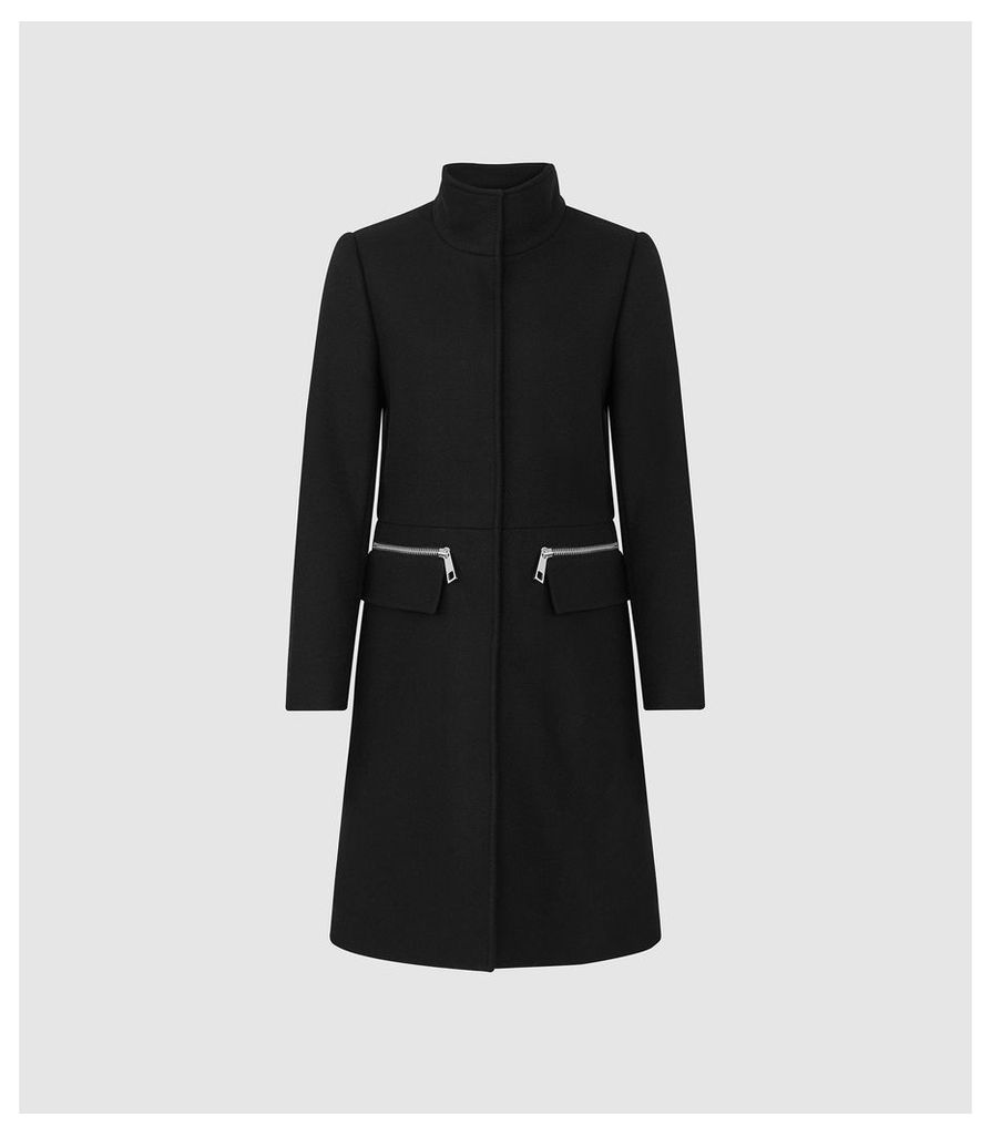 Reiss Macey - Wool Blend Funnel Neck Coat in Black, Womens, Size 14