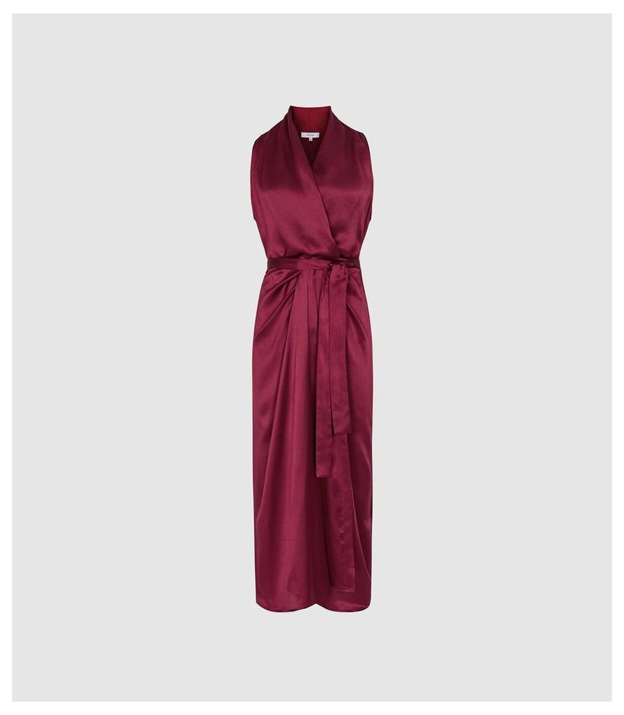 Reiss Moa - Silk Blend Wrap Effect Midi Dress in Burgundy, Womens, Size 16
