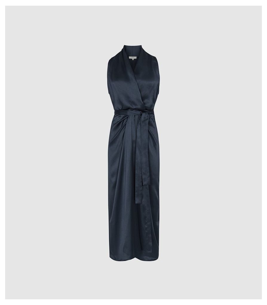 Reiss Moa - Silk Blend Wrap Midi Dress in Navy, Womens, Size 12