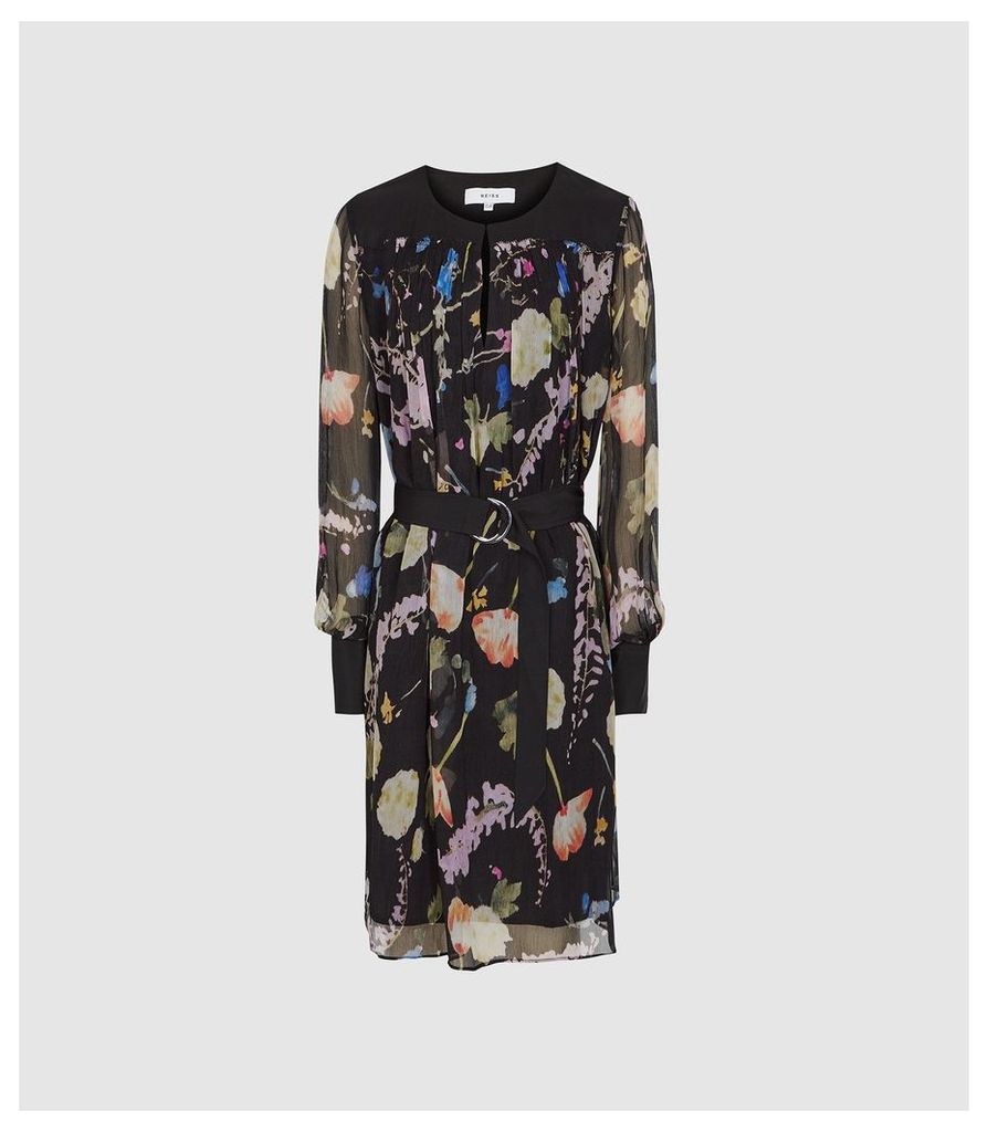 Reiss Finn - Floral-print Crinkled Sheer Dress in Black, Womens, Size 16