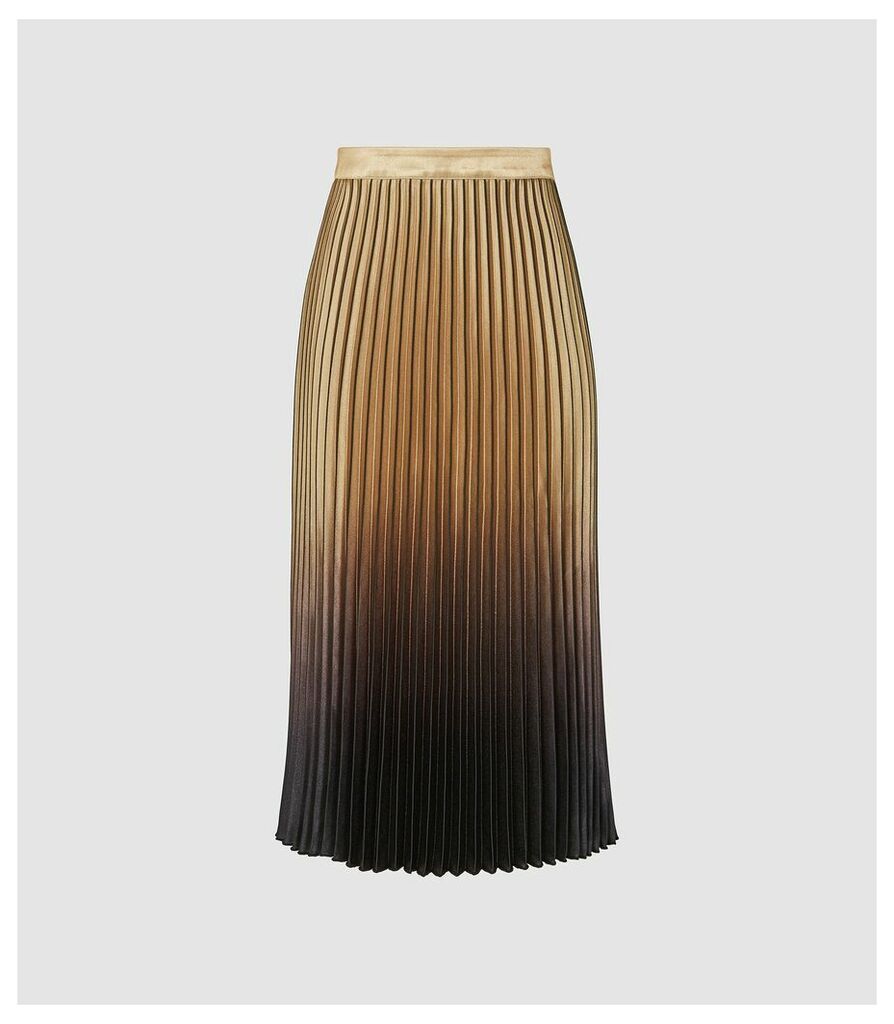 Reiss Marlene - Ombre Pleated Midi Skirt in GOLD/BLACK, Womens, Size 14