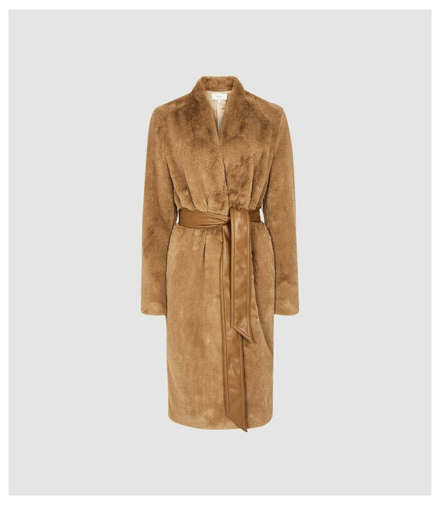 Reiss Halle - Faux Fur Coat in Caramel, Womens, Size XL