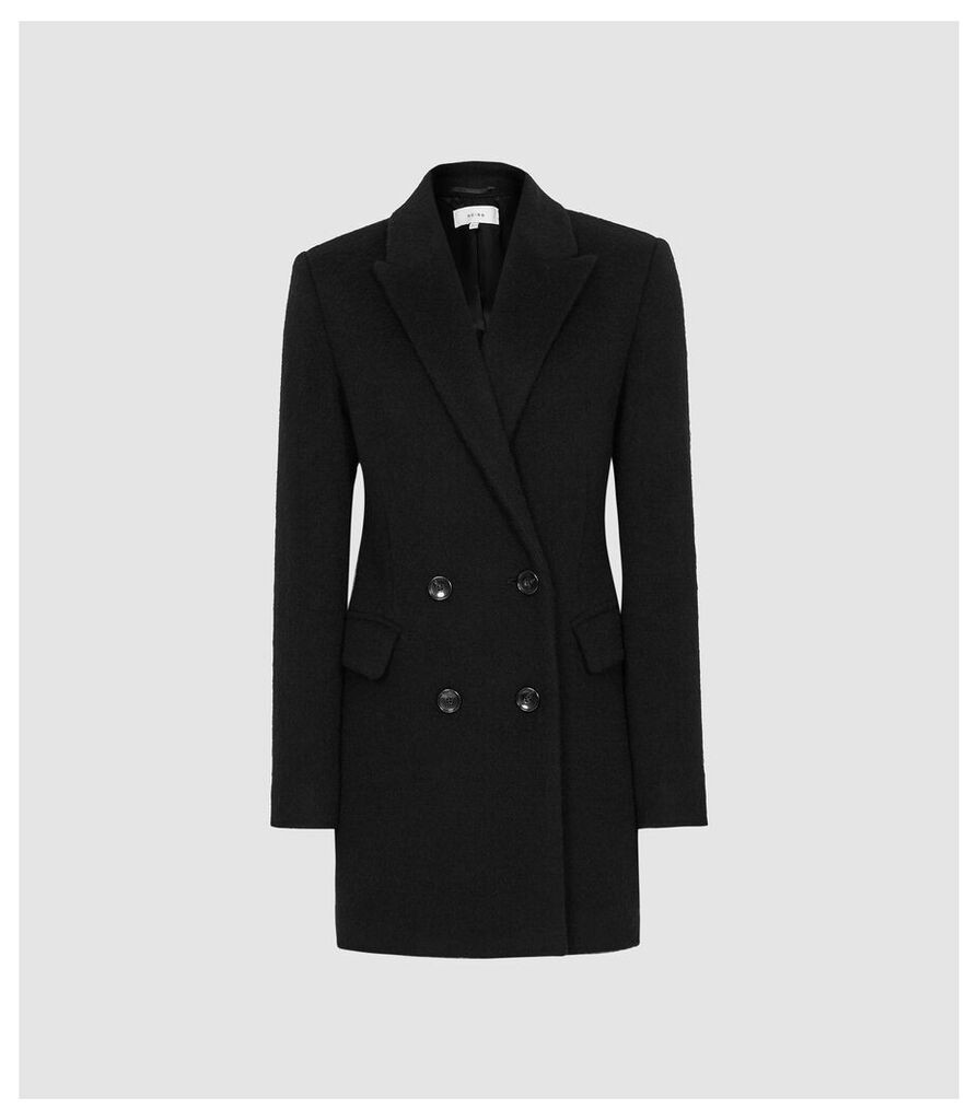 Reiss Marloe - Double Breasted Short Wool Coat in Black, Womens, Size 12