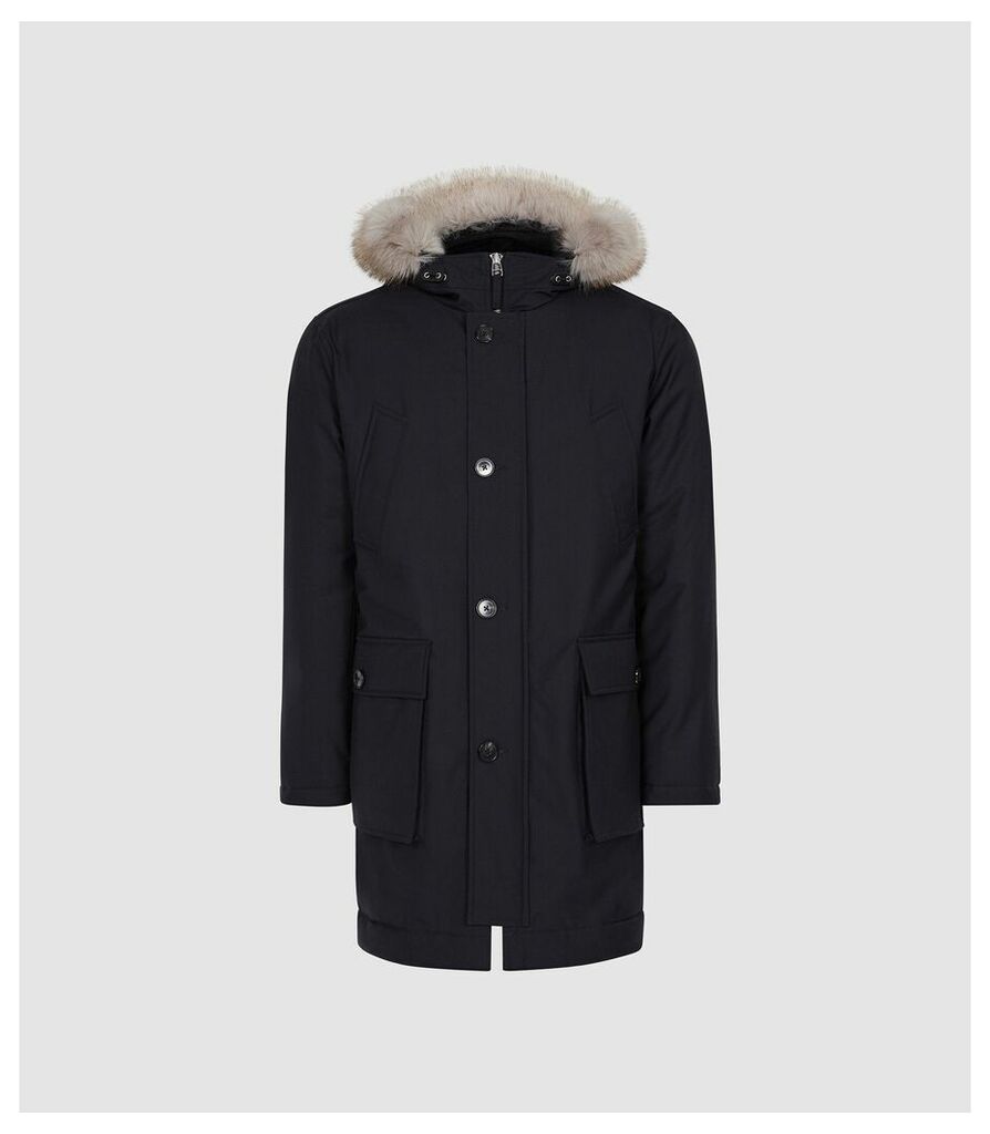 Reiss Pacific - Faux Fur Hooded Parka Coat in Navy, Mens, Size XXL
