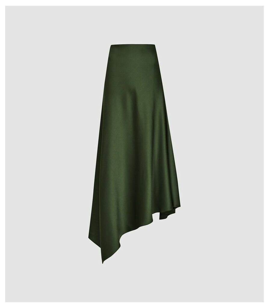 Reiss Harley - Asymmetric Satin Skirt in Green, Womens, Size 14