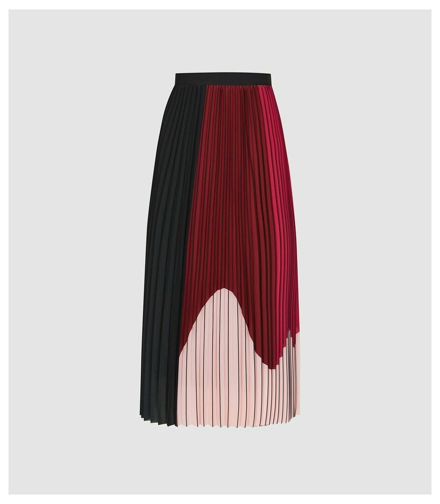 Reiss Carlie - Colour Block Pleated Midi Skirt in Black/pink, Womens, Size 14