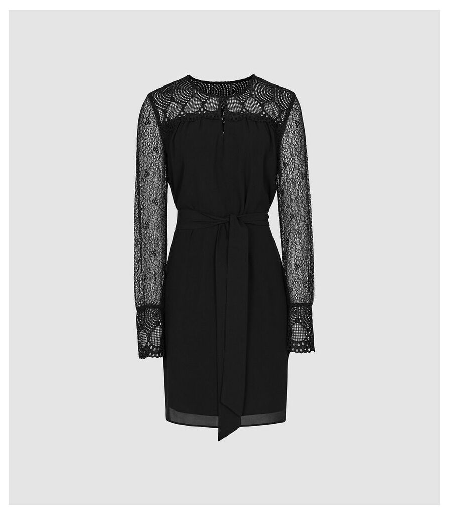 Reiss Callista - Lace Detail Belted Mini Dress in Black, Womens, Size 16