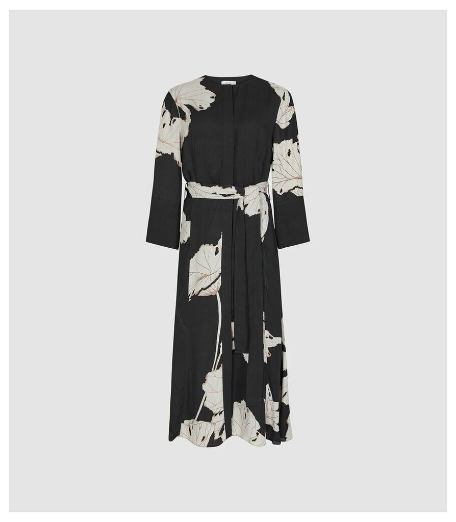 Reiss Zana - Floral Printed Midi Dress in Black, Womens, Size 16