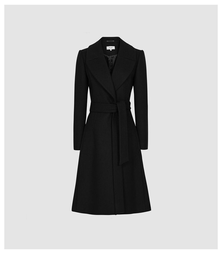 Reiss Hessie - Wool Blend Belted Overcoat in Black, Womens, Size 14