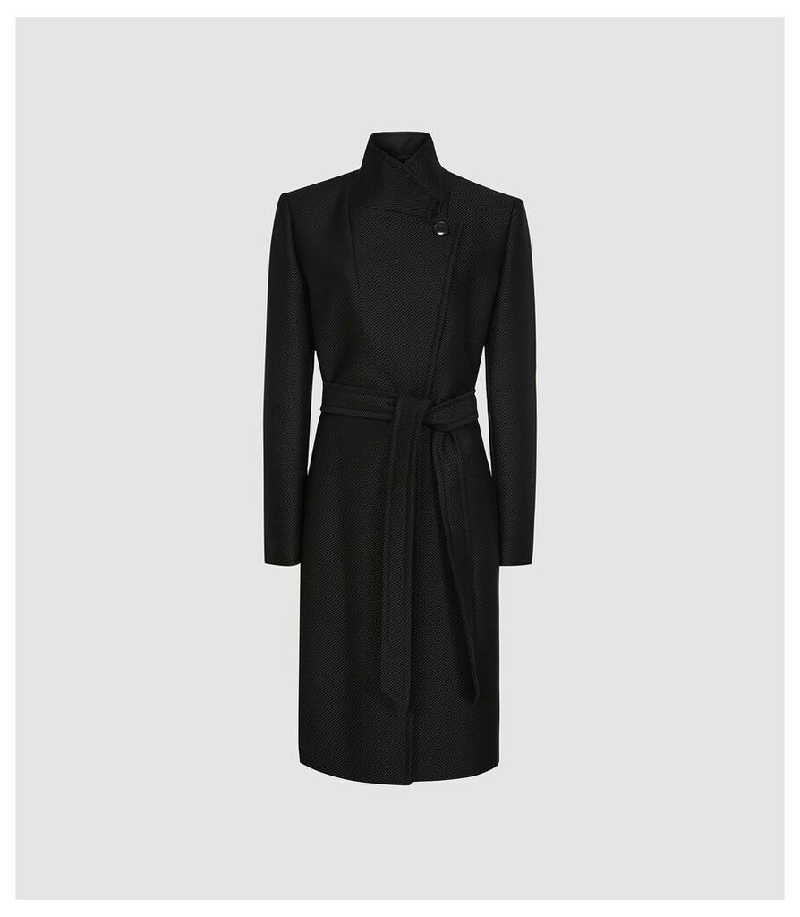 Reiss Deya - Wool Blend Belted Coat in Black, Womens, Size 14