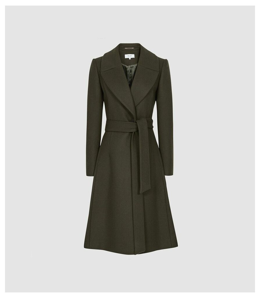 Reiss Hessie - Wool Blend Belted Overcoat in Green, Womens, Size 10