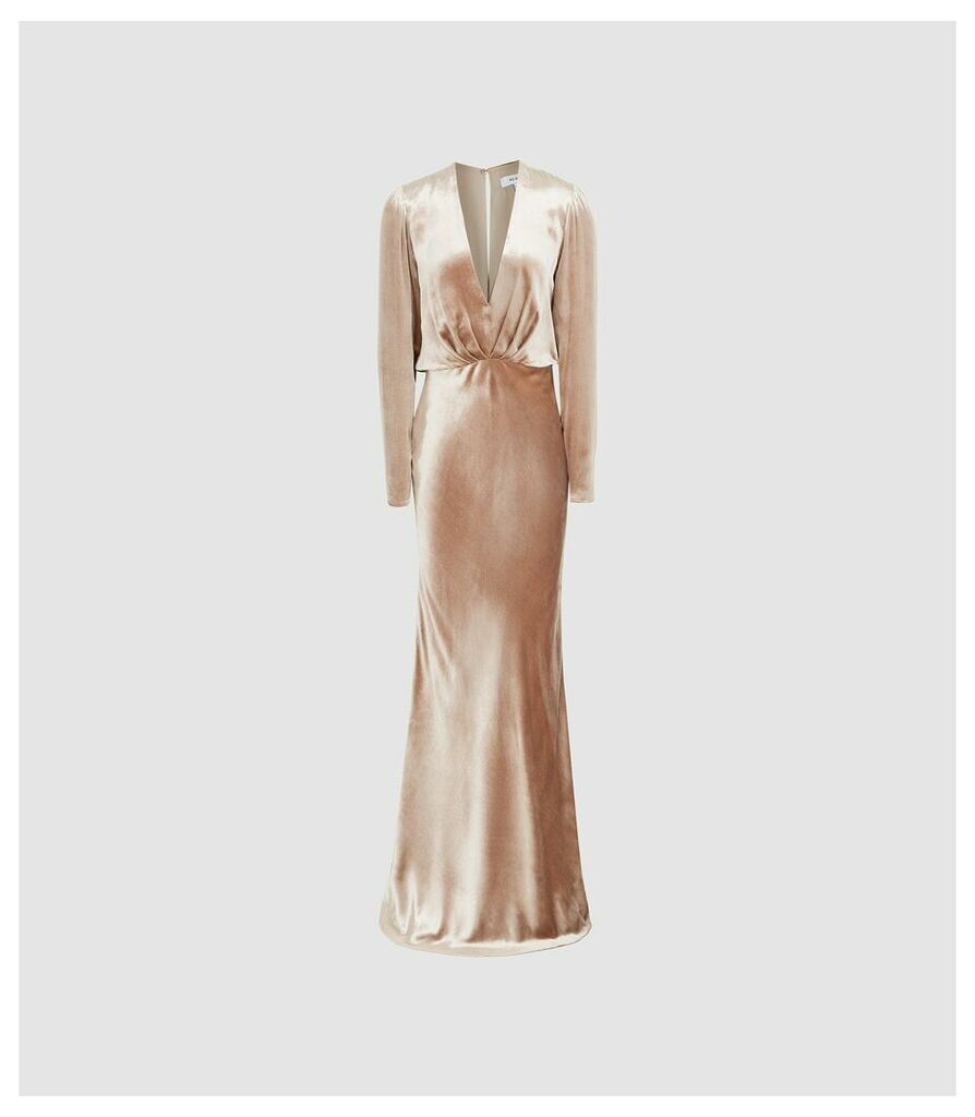 Reiss Klara - Velvet Plunge Neckline Maxi Dress in Gold, Womens, Size 16