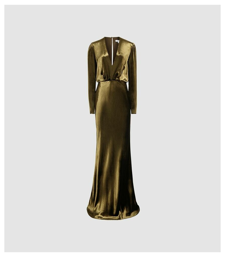 Reiss Klara - Velvet Plunge Neckline Maxi Dress in Khaki, Womens, Size 16