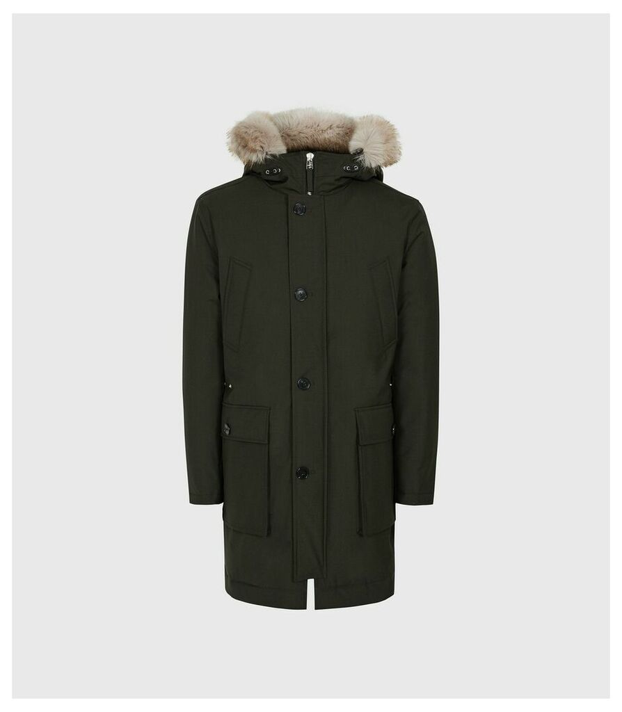 Reiss Pacific - Faux Fur Hooded Parka Coat in Khaki, Mens, Size XXL