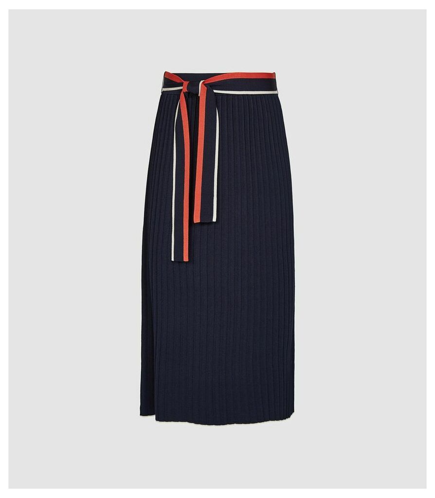 Reiss Mia - Knitted Knife Pleated Skirt in Navy, Womens, Size L