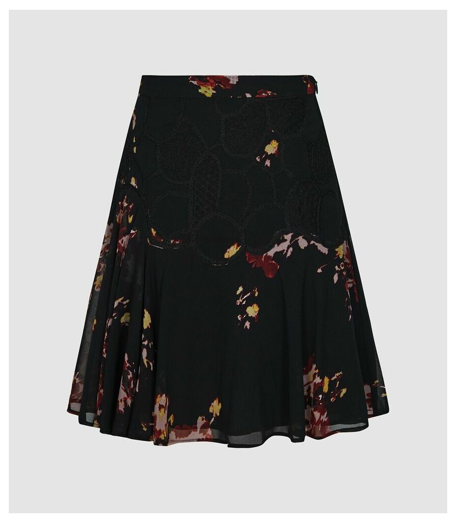 Reiss Maeja - Floral Mini Skirt With Lace Detailing in Black, Womens, Size 14