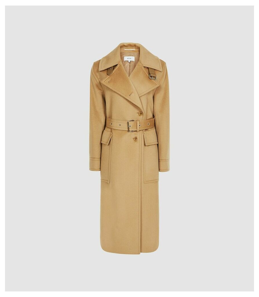 Reiss Everley - Wool Blend Belted Trench Coat in Camel, Womens, Size 12