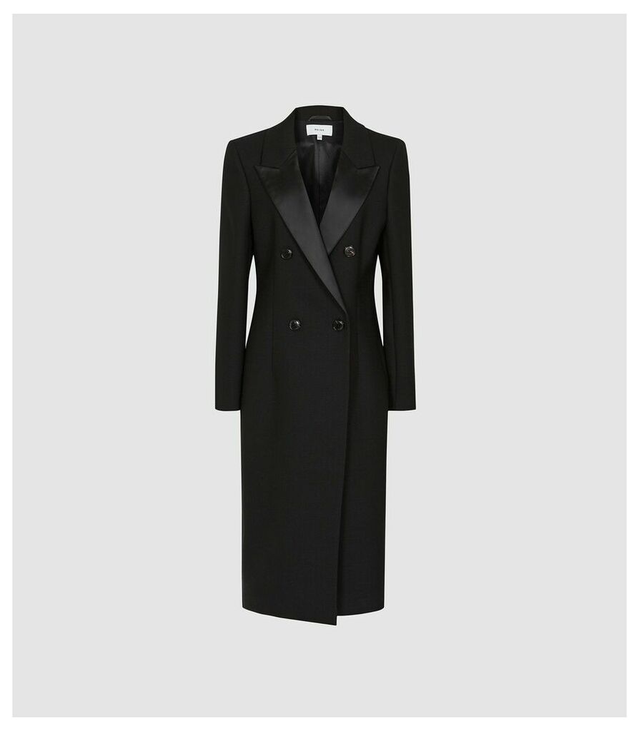 Reiss Hadi - Satin Trimmed Twill Coat in Black, Womens, Size 14