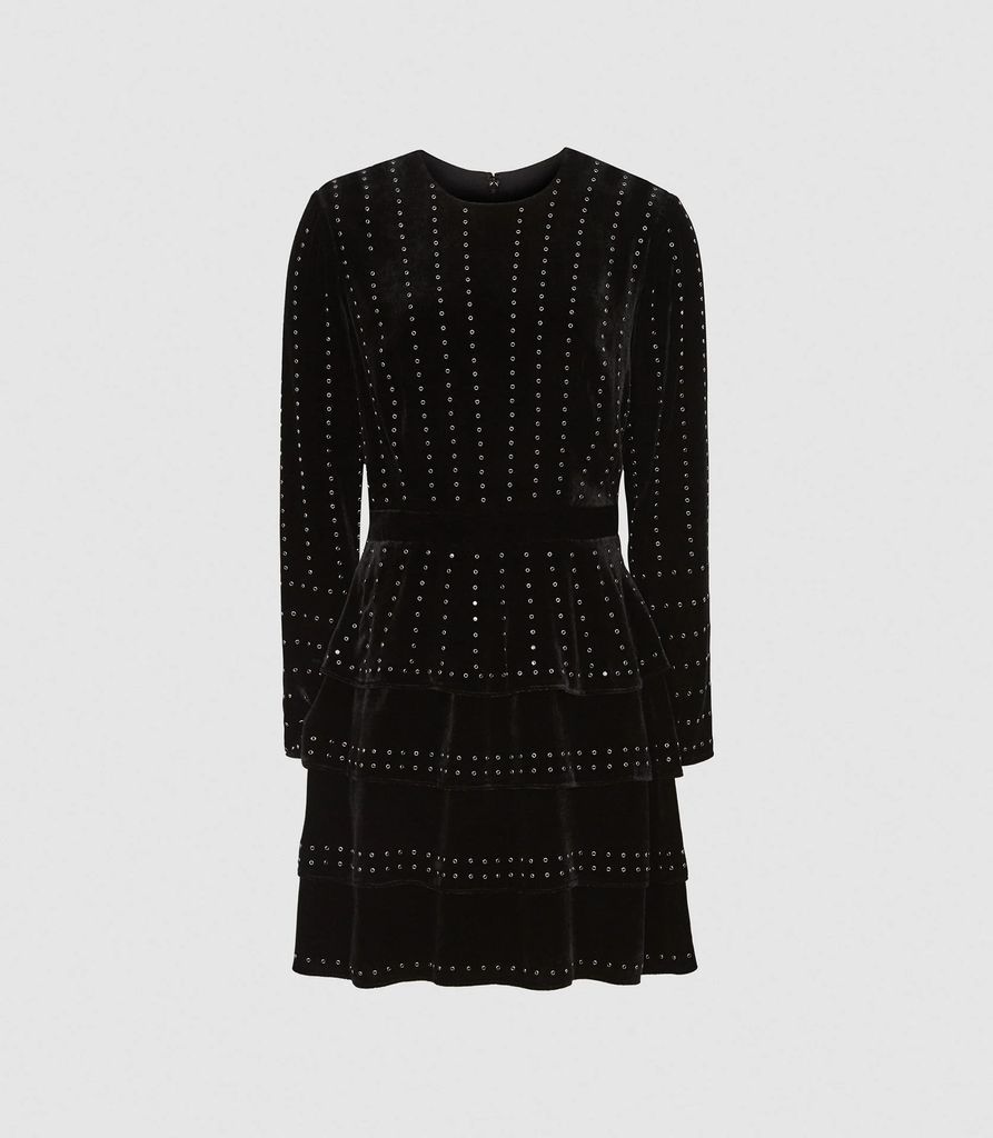 Angie - Embellished Velvet Mini Dress in Black, Womens, Size 4