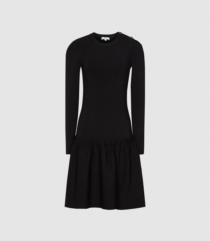 Charlotte - Knitted Ruffle Hem Dress in Black, Womens, Size XS