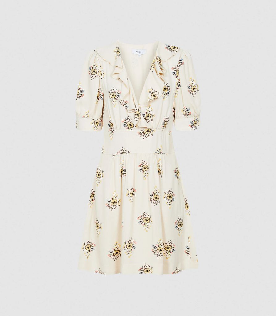 Olive - Floral Printed Mini Dress in Ivory, Womens, Size 4