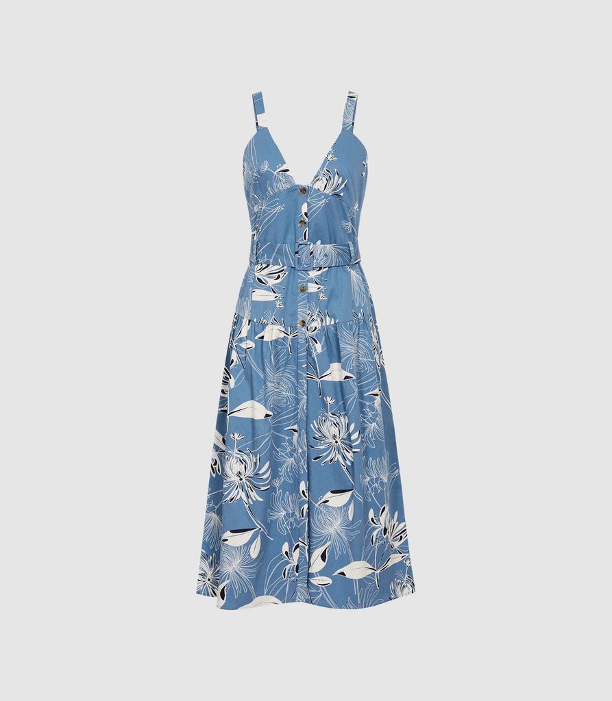 Noah - Printed Button Through Midi Dress in Blue, Womens, Size 18