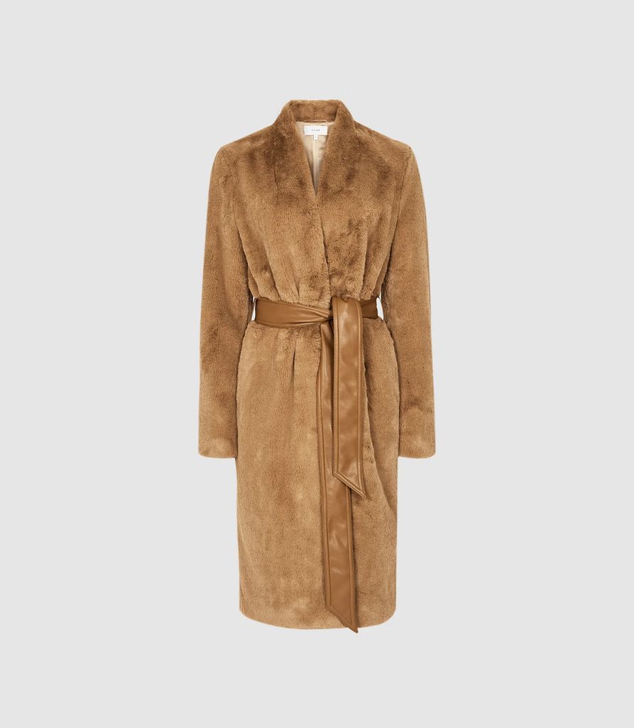 Halle - Long Line Faux Fur Coat in Almond, Womens, Size XS