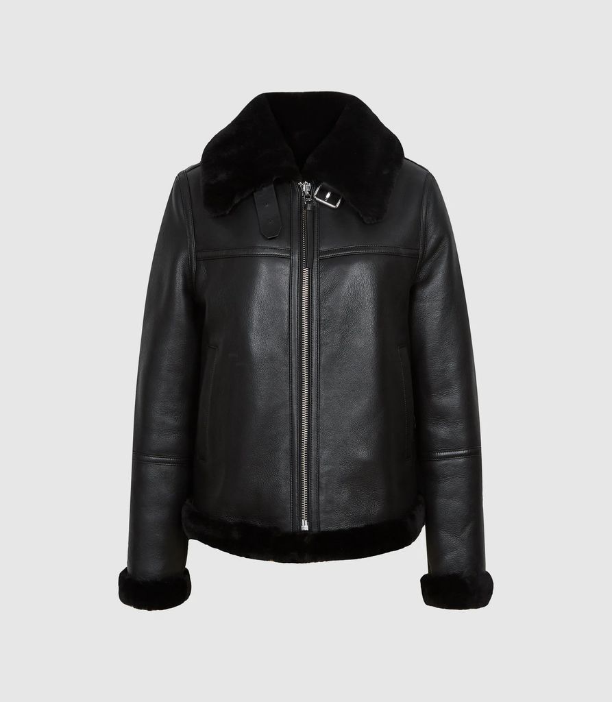 Macey - Reversible Shearling Aviator Jacket in Black, Womens, Size XS